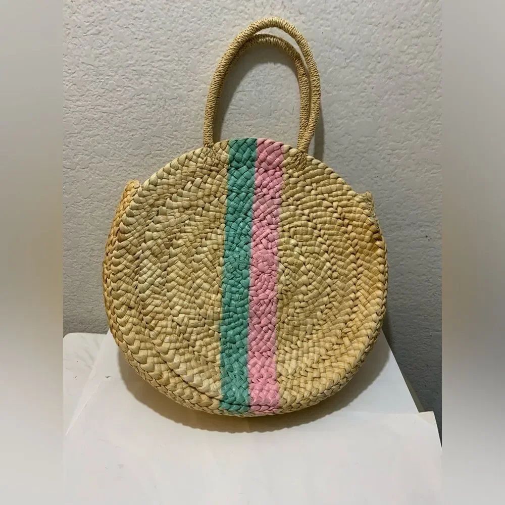 Vineyard vines Round straw shoulder bag, womens beach Woven Bag